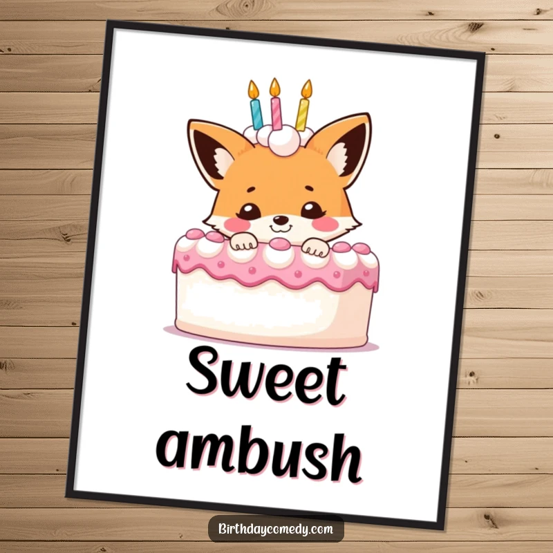 Funny fox digital art print, a smiling character peeking from behind a giant birthday cake, full of mischief.