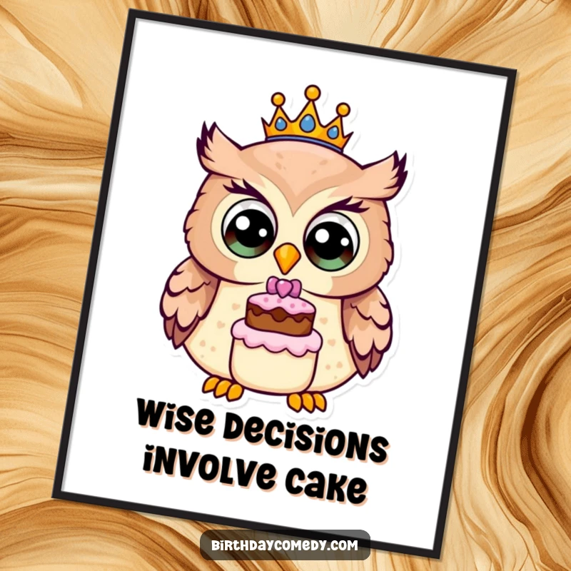 Funny owl digital art print, a cheerful owl wearing a crown and holding a tiny cake, vibrant and whimsical decor.