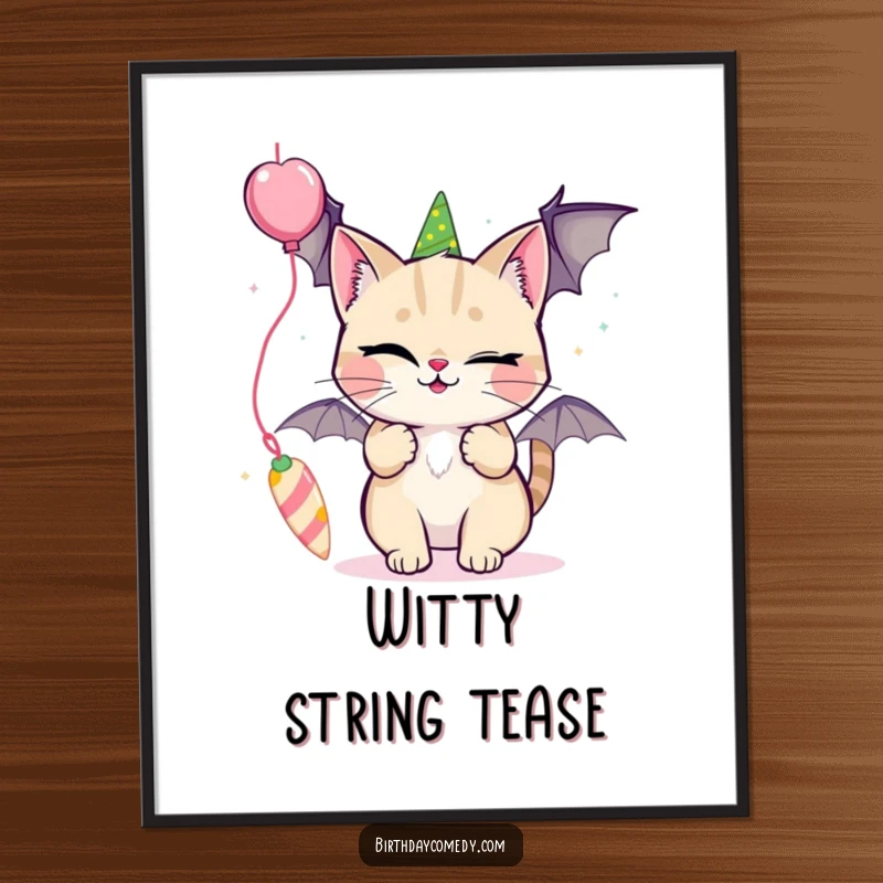 Funny digital art print of a winking cat playfully batting at a dangling, colorful party streamer.
