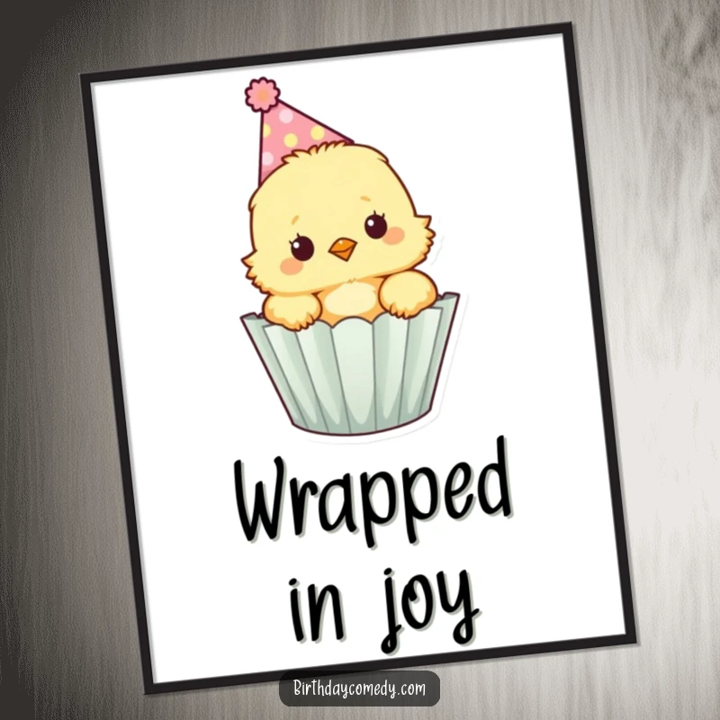 Funny fluffy chick wearing a party hat peeks out of a cupcake wrapper, a digital art print for instant decor.