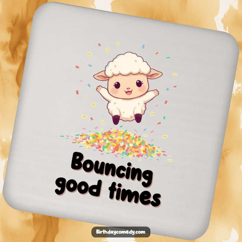 Funny drink coaster showcasing a happy sheep leaping over a colorful pile of confetti.