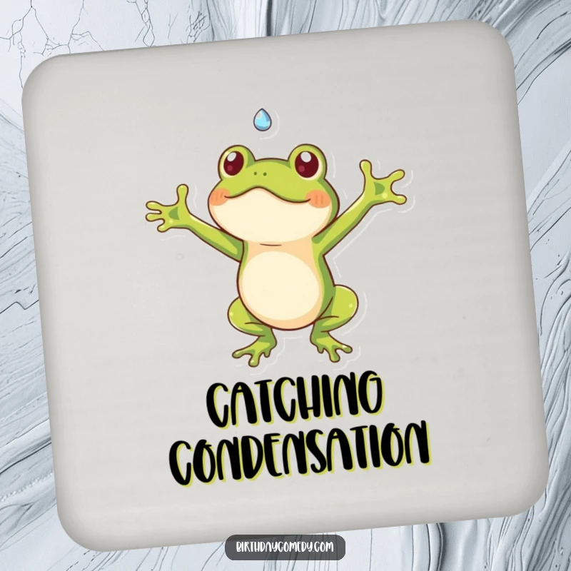 Funny frog drink coaster with a playful frog catching a falling dewdrop, adding humor to any table setting.