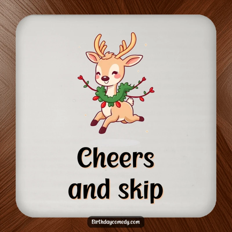 Funny coaster design: A cute deer wearing a festive garland skips joyfully, adding a touch of holiday whimsy.