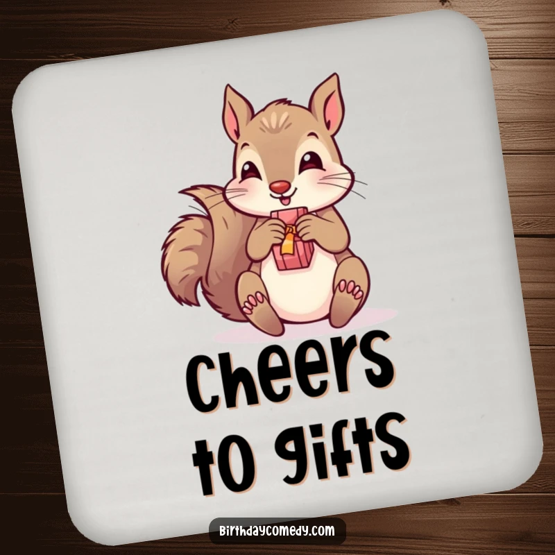 Funny drink coasters featuring a playful squirrel unwrapping a present, protecting surfaces with festive and humorous artwork.