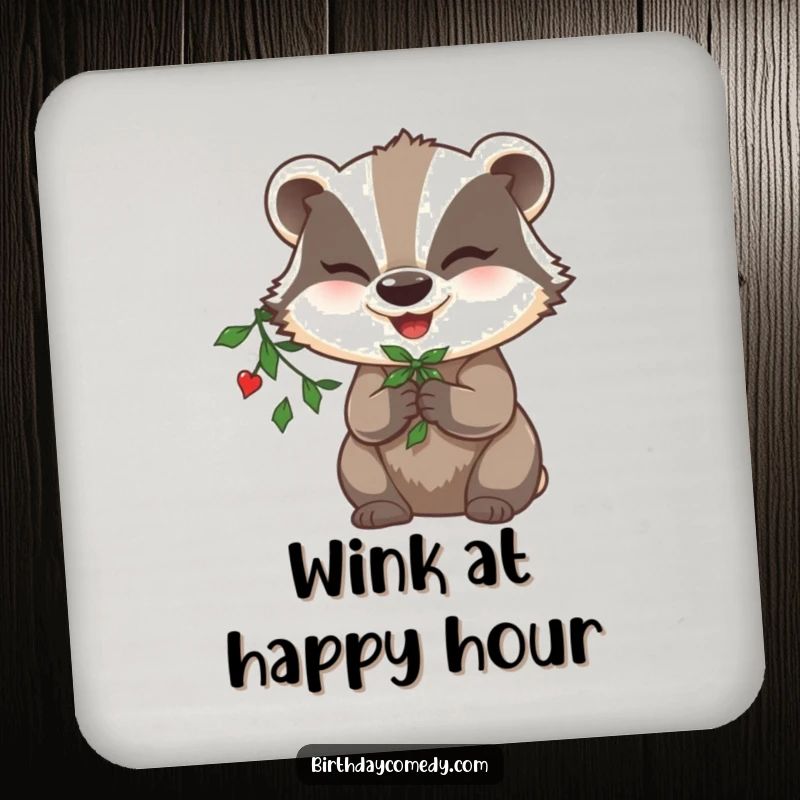 Funny badger drink coaster, holding mistletoe, winking mischievously, adding playful holiday flair to tabletops.
