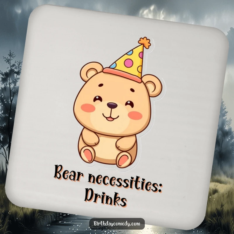 Funny bear coaster featuring a smiling bear wearing an oversized party hat, adding humorous protection to surfaces.
