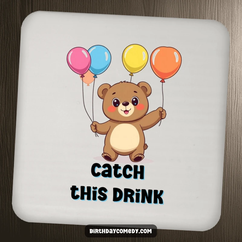 Funny bear drink coasters, a cheerful character with big eyes, juggling colorful balloons, protecting tabletops.