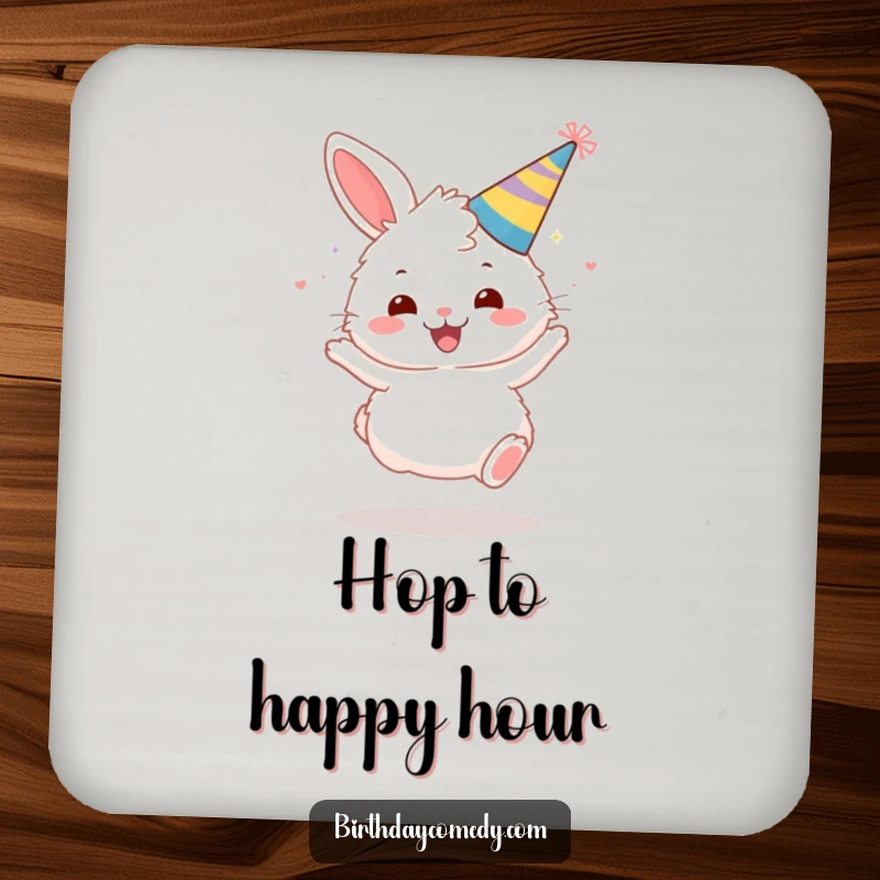 Funny drink coaster featuring a fluffy bunny in a party hat, bouncing gleefully.