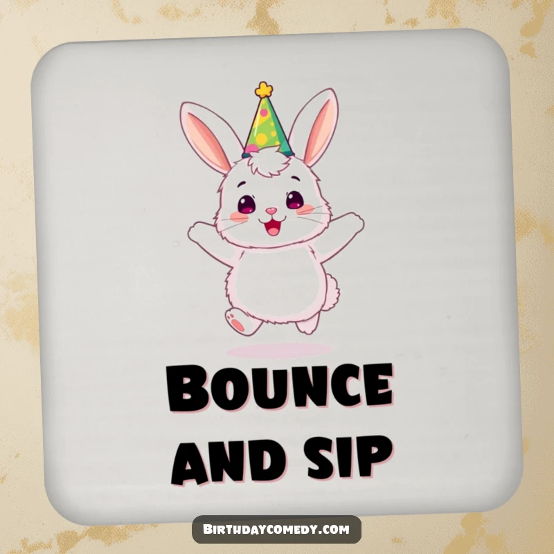 Funny bunny drink coasters, a fluffy character in a party hat, joyfully bouncing, adding a festive touch.
