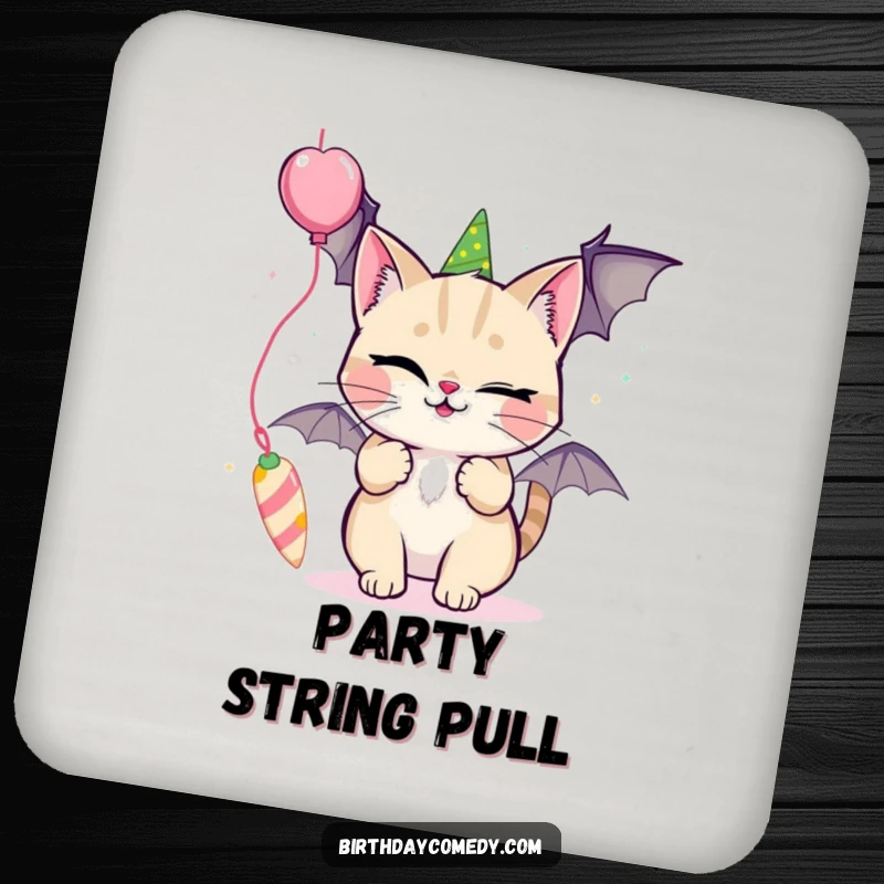 Funny drink coaster showing a winking cat playfully batting at a dangling party streamer.