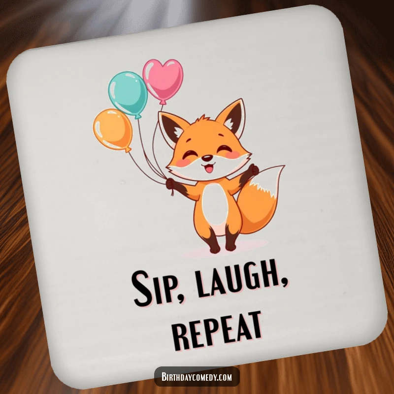 Funny Coaster featuring a cheerful fox juggling colorful balloons, adding whimsical protection and a humorous design to any tabletop surface.