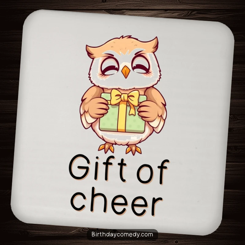 Funny owl drink coasters, a giggling character holding a gift, protecting surfaces with wise cheer.