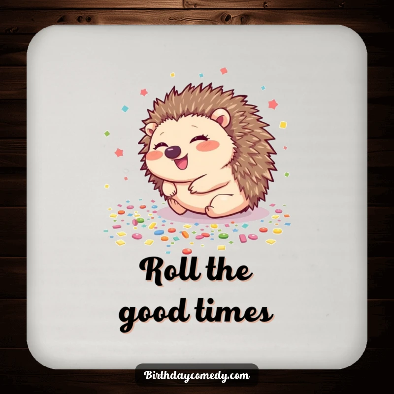 Funny hedgehog drink coasters with a giggling hedgehog rolling across a confetti-covered floor, adding a playful touch.