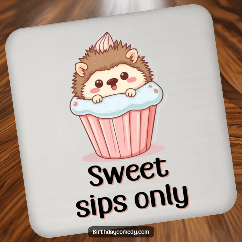 Funny Coaster featuring a happy hedgehog peeking from behind a giant cupcake, offering cute and humorous protection for tabletops.