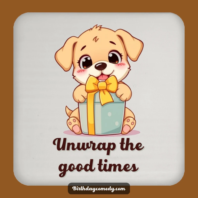 Funny Puppy Coaster: Protect surfaces with a cute pup unwrapping a gift, a hilariously charming addition to your home and a great gift.
