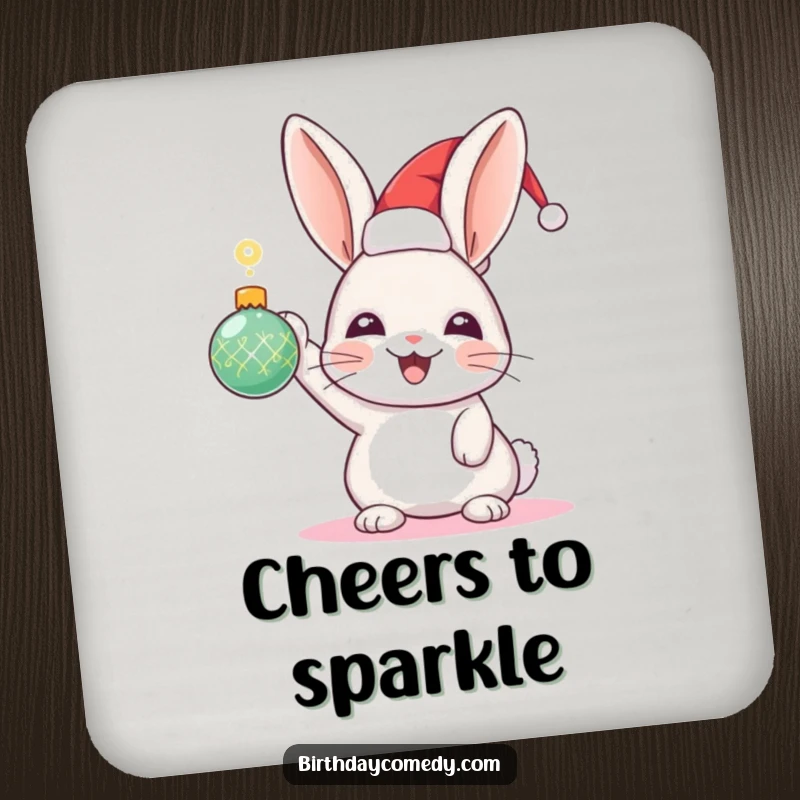 Funny Rabbit Holiday Coaster: A joyful rabbit in a festive hat holds a sparkling ornament, protecting surfaces with holiday spirit.
