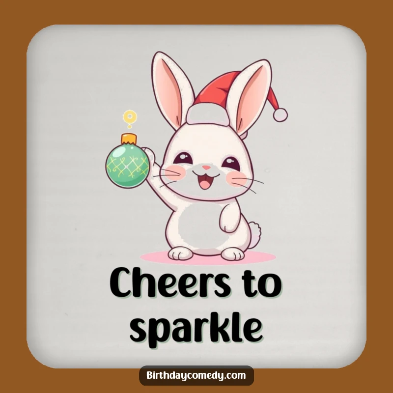 Funny Rabbit Holiday Coaster: Festive Hat Rabbit with Sparkling Ornament, Table Decor Gift