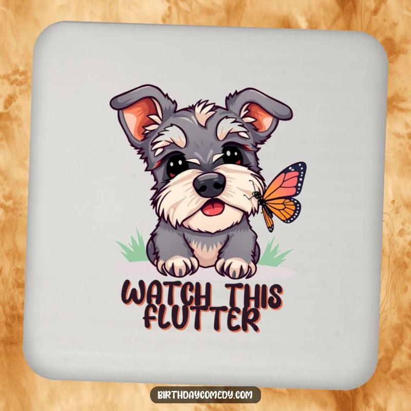 Funny schnauzer coasters featuring a curious dog watching a butterfly, adding humorous and protective flair to tabletops.