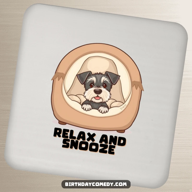 Funny schnauzer puppy coasters featuring a cute dog peeking from a cozy bed, adding humorous and protective flair.