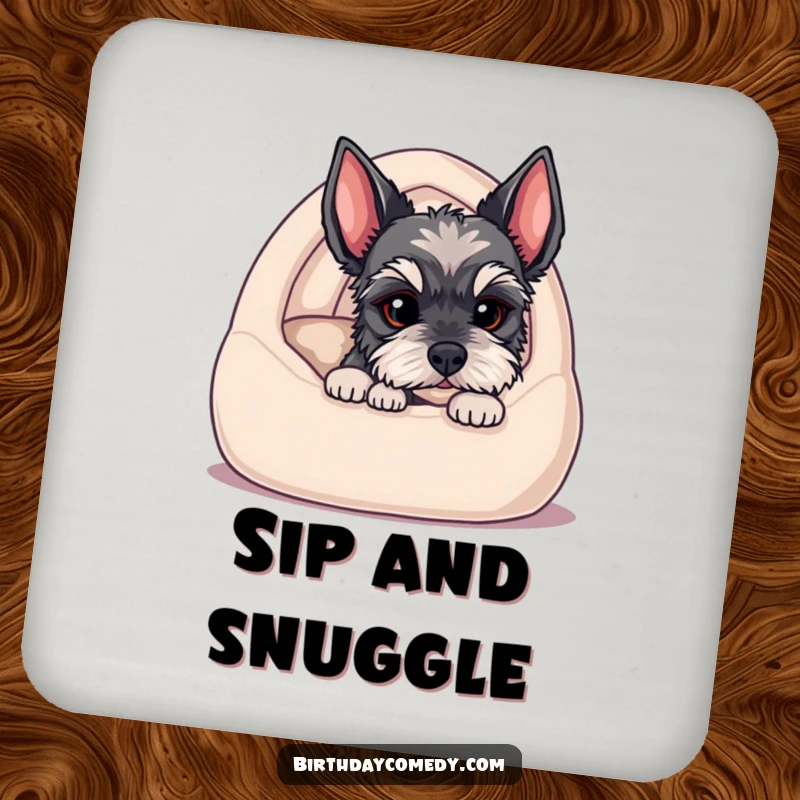 Funny drink coaster showing a schnauzer puppy peeking from a cozy bed, adding adorable charm and humor to your table.