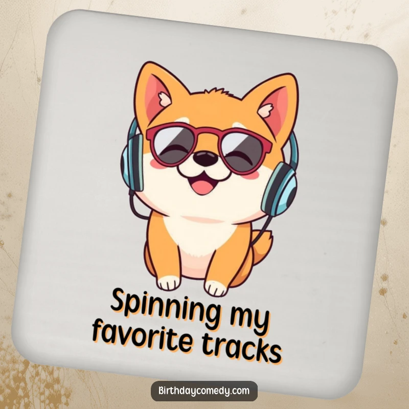Funny Shiba Inu coaster, retro headphones, music listening dog, protective drink mat, canine home decor.