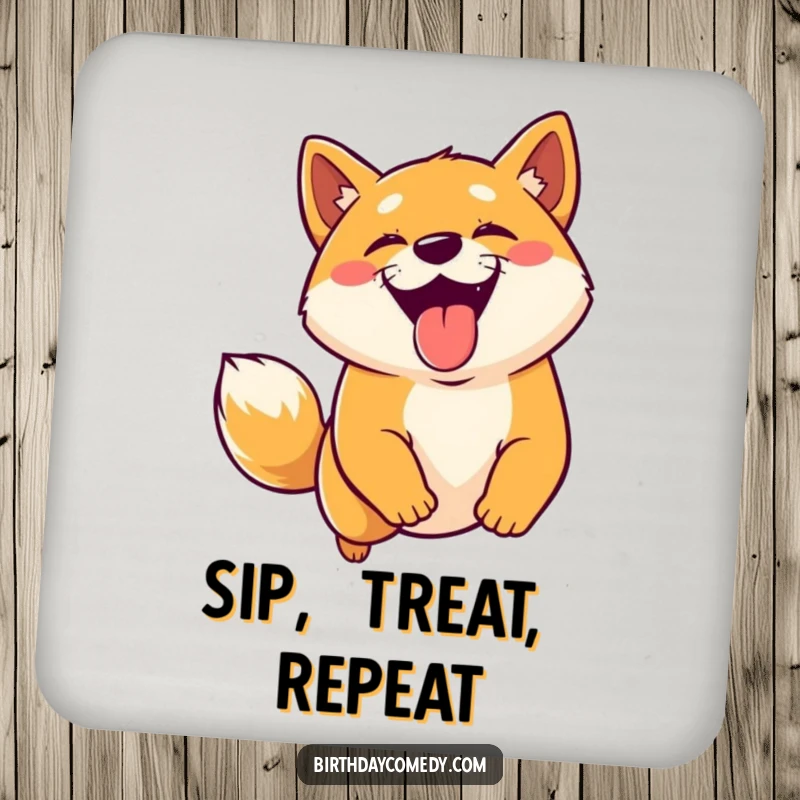 Funny Shiba Inu coaster featuring a joyful dog with tongue out, leaping enthusiastically for a virtual treat.