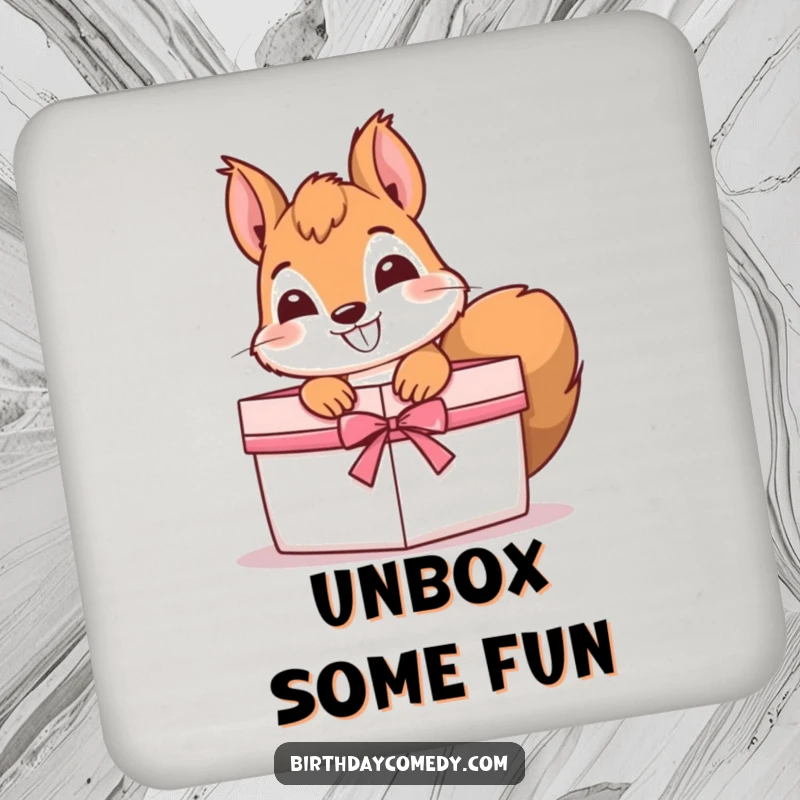Funny Drink Coaster showing a curious squirrel with a grin, peeking out of a gift box, protecting surfaces with charm.