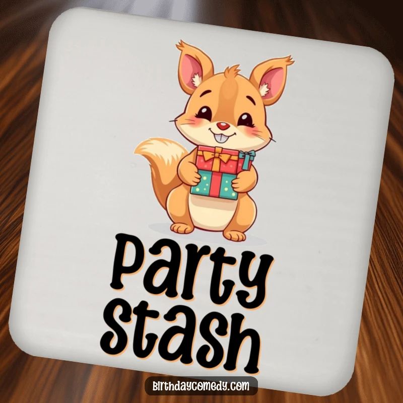 Funny drink coaster showcasing a cheerful squirrel with a big grin holding a stack of presents.