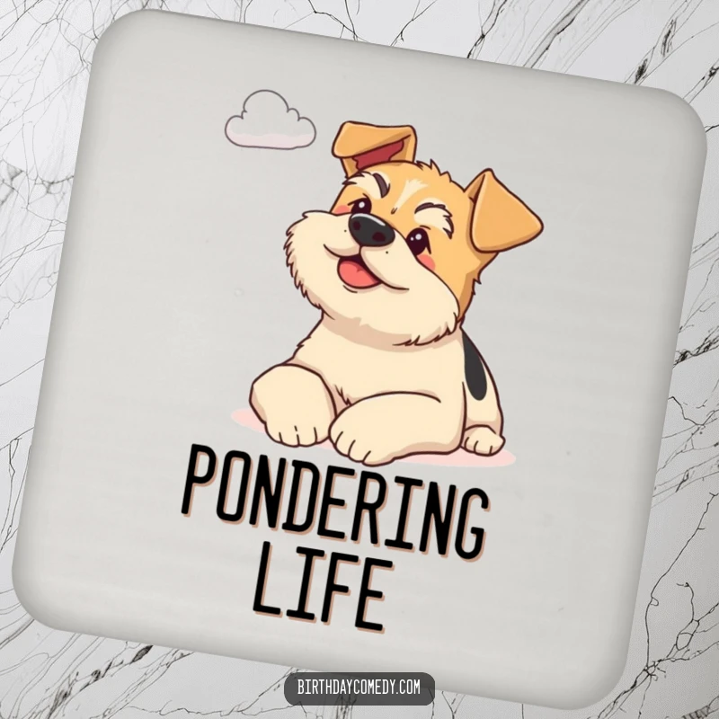 Funny terrier drink coaster set featuring a content dog resting its paws, gazing peacefully at a distant cloud.