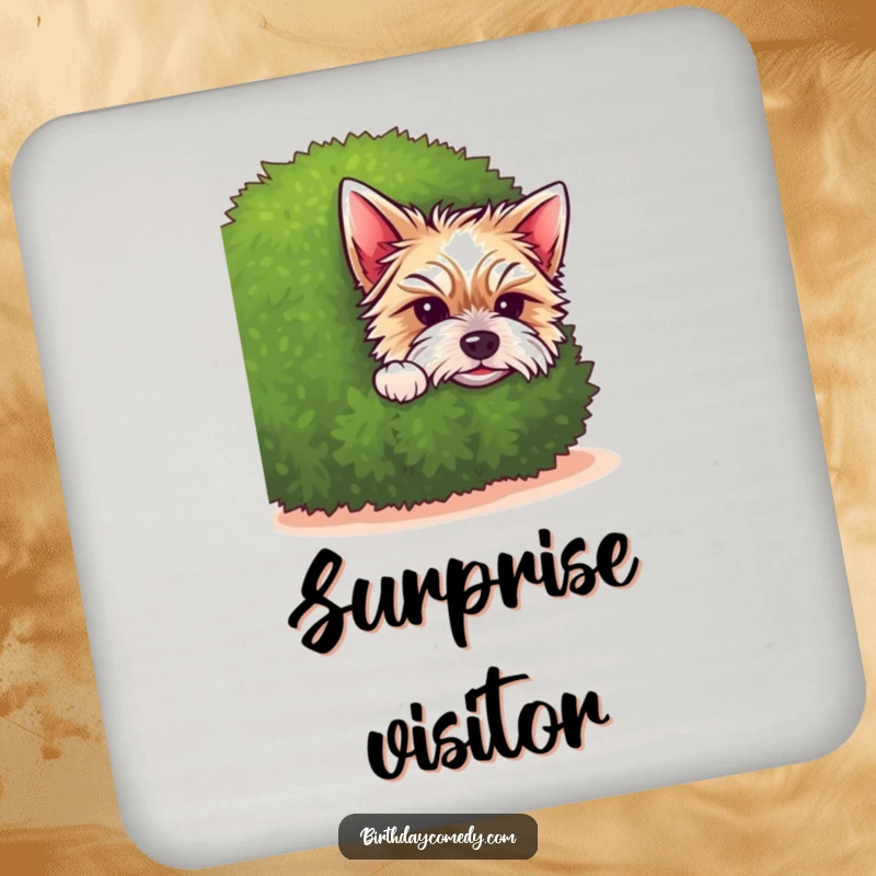 Funny terrier drink coaster set featuring a cute puppy peeking from behind a bushy green shrub, radiating charm.