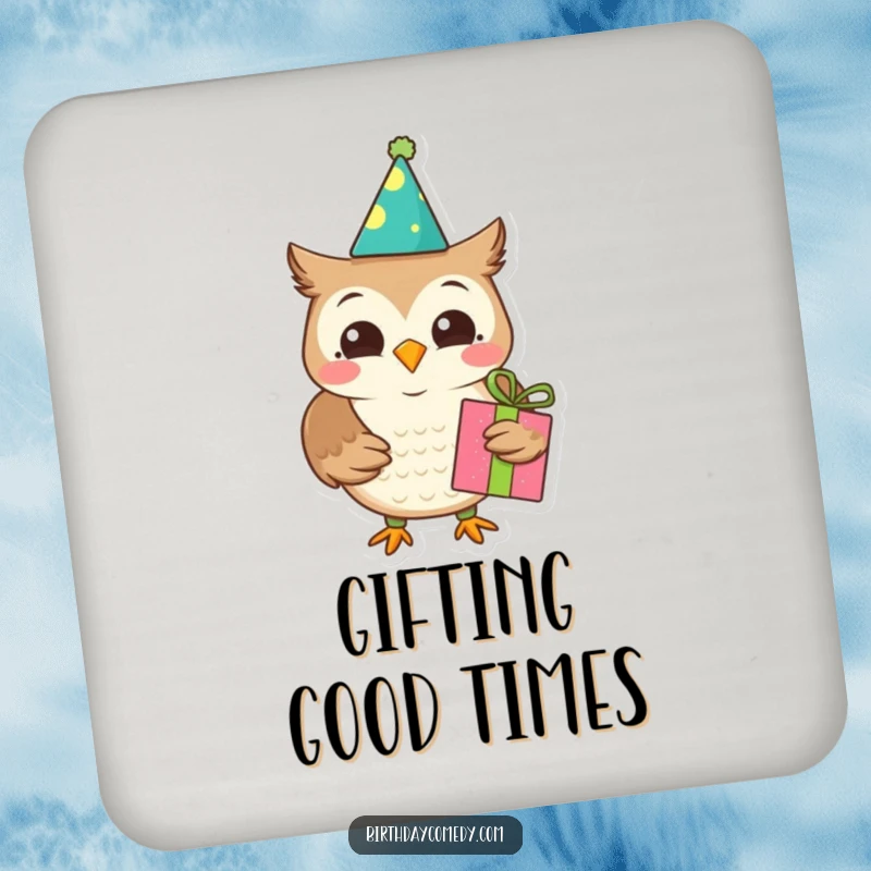 Funny owl coasters, birthday design, holding a gift, protect surfaces, ideal funny gift.