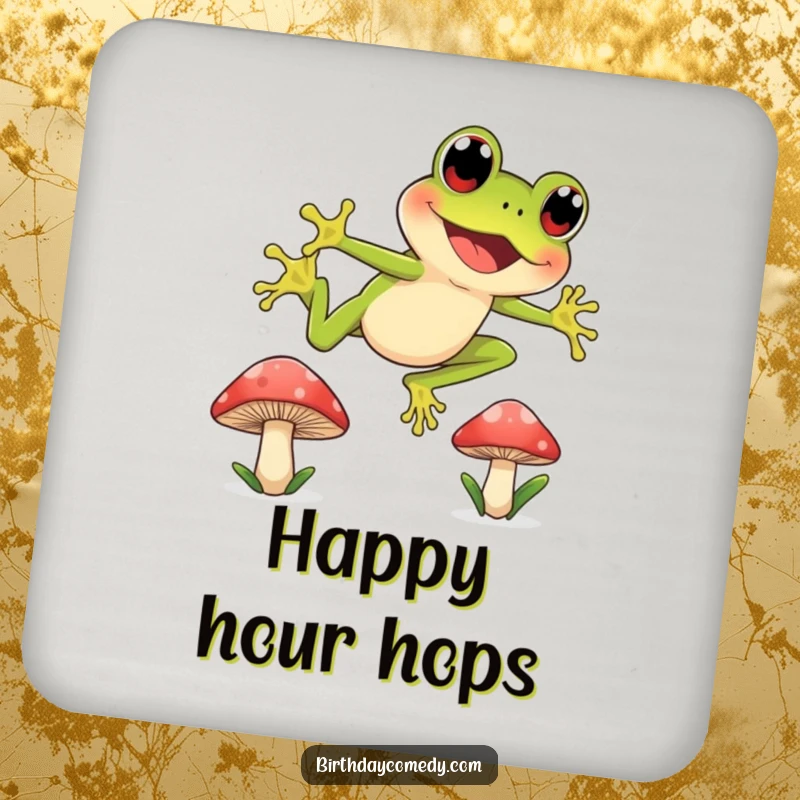 Funny drink coaster featuring a joyful frog with wide, curious eyes leaping from one mushroom cap to another, perfect for active protection.