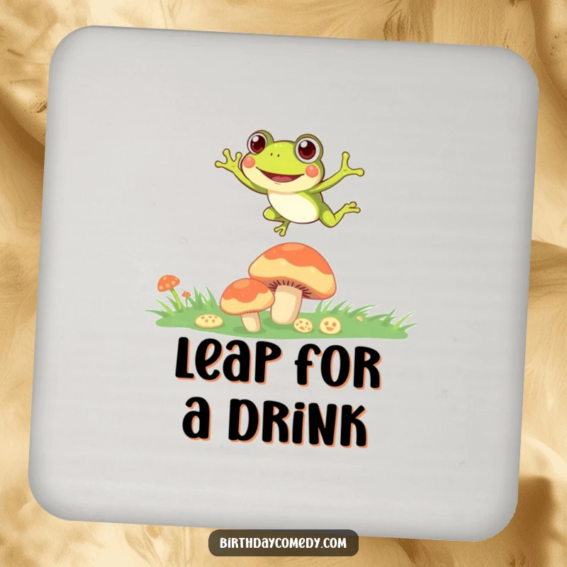 Funny Drink Coaster with a curious frog leaping between mushrooms, perfect for adding playful decor.