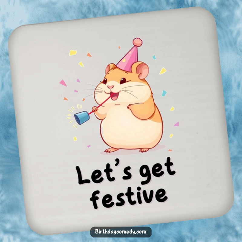 Funny Drink Coaster: Plump hamster with streamer chases confetti, protecting surfaces with fun.