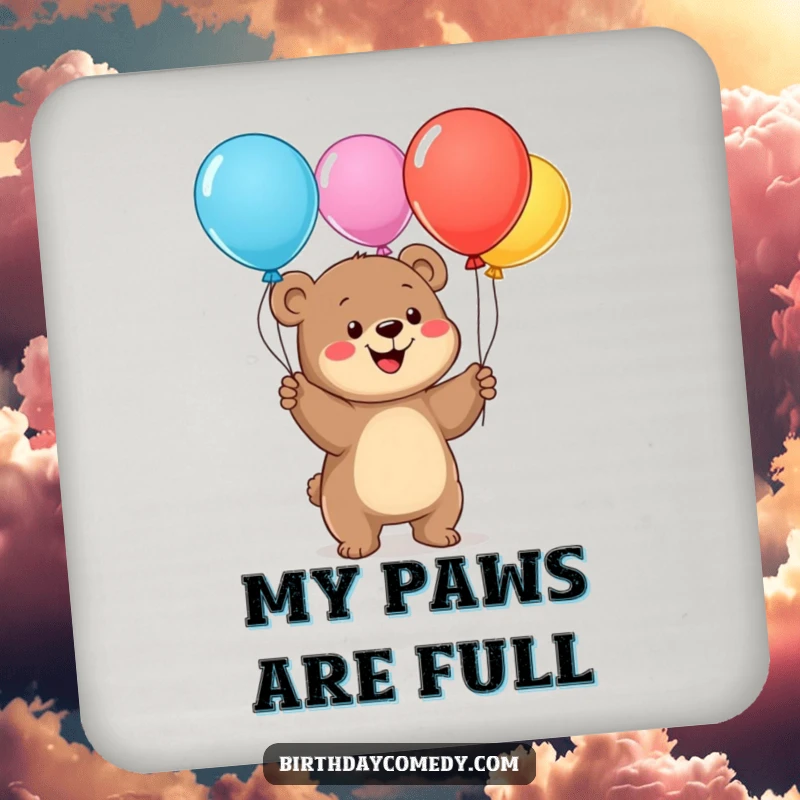 Funny bear cub drink coaster, a smiling cub juggling balloons, protects furniture with whimsical charm and humor.