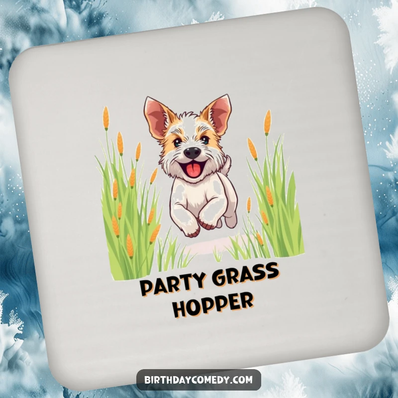 Funny terrier drink coaster set featuring a happy dog running through tall grass, ears flapping, symbolizing pure joy.