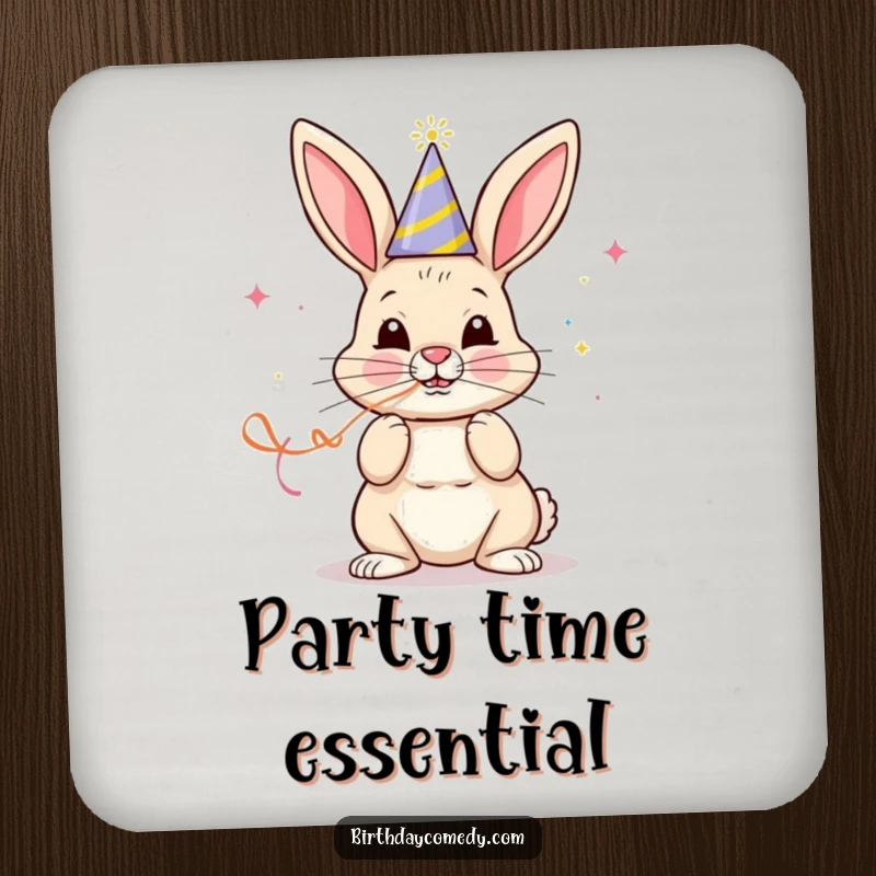 Funny coaster with a cheerful bunny in a party hat blowing a streamer with determined focus, offering festive protection.