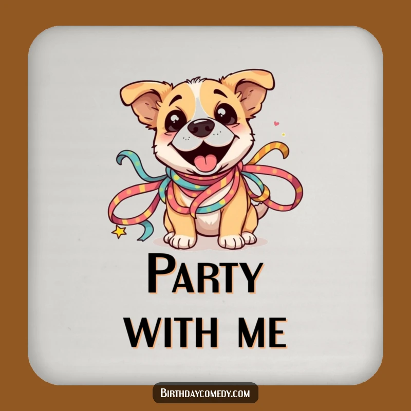 Funny Dog Ribbon Coaster: Silly Dog Entangled in Festive Ribbons, Humorous Table Protector Gift