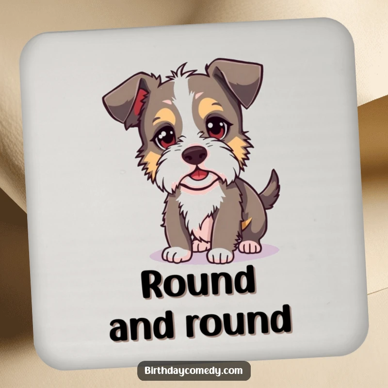 Funny terrier drink coaster set featuring a silly dog with a mischievous glint, hilariously chasing its own shadow.