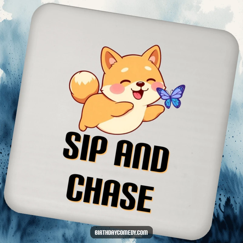 Funny drink coaster showcasing a happy Shiba Inu with a perky tail, chasing a glowing digital butterfly.