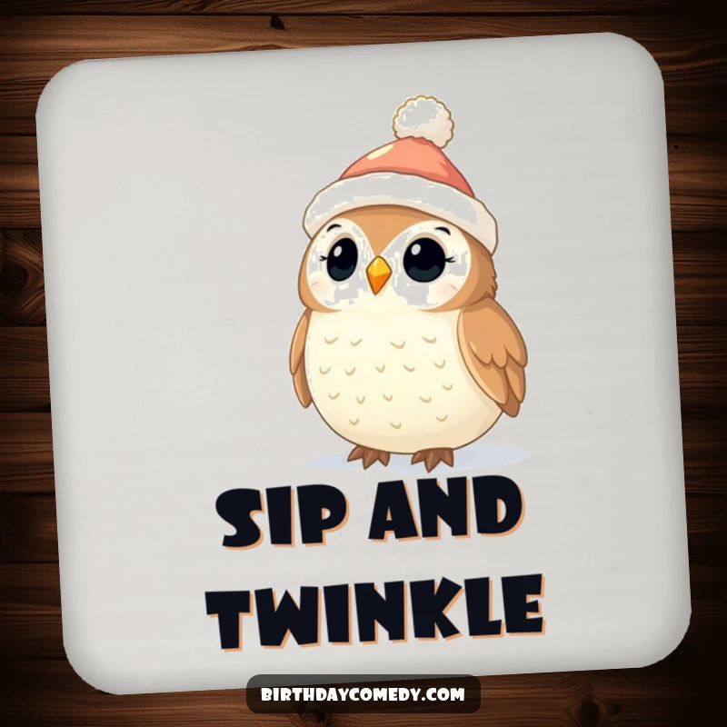 Funny Owl Christmas Coaster: A charming owl in a stocking cap observes twinkling Christmas lights, a festive and practical coaster.