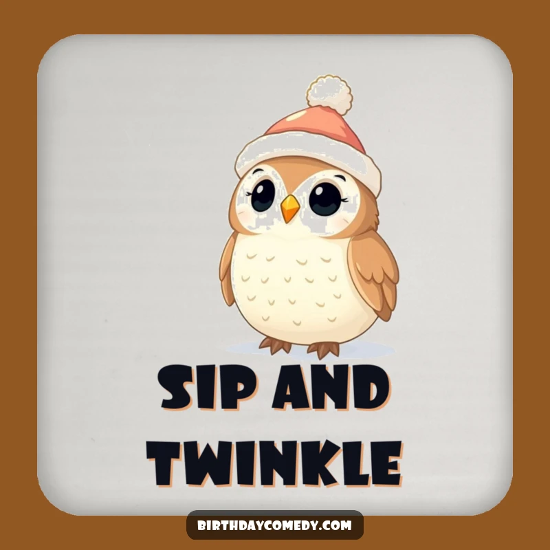Funny Owl Christmas Coaster: Stocking Cap Owl and Twinkling Lights, Festive Table Decor Gift