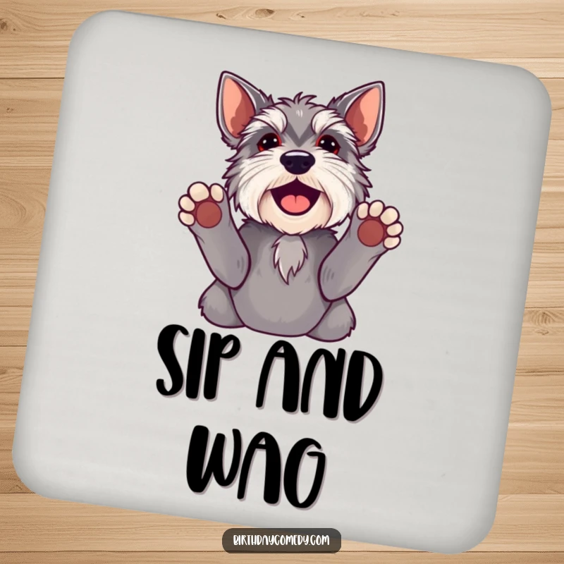 Funny schnauzer coasters featuring a joyful dog with paws up, adding humorous and protective flair to tabletops.
