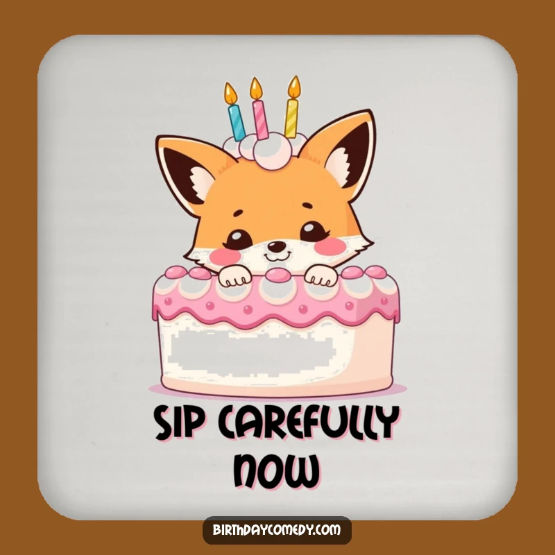 Funny Fox Birthday Cake Coaster Set: Sneaky Protection, Chic Funny Gift for Tables