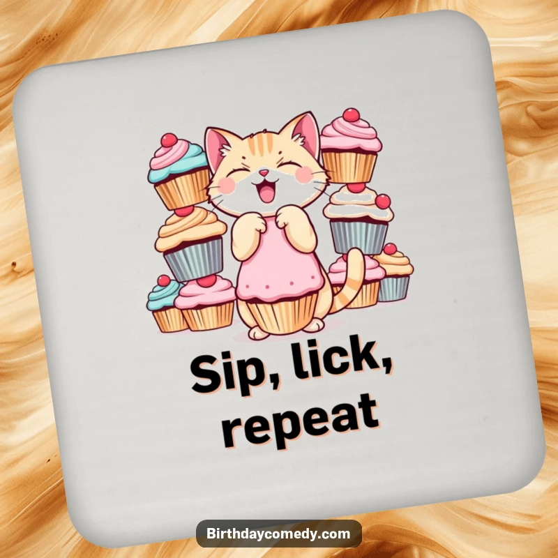 Funny cat coasters, giggling, balancing cupcakes, protect surfaces, ideal funny gift.