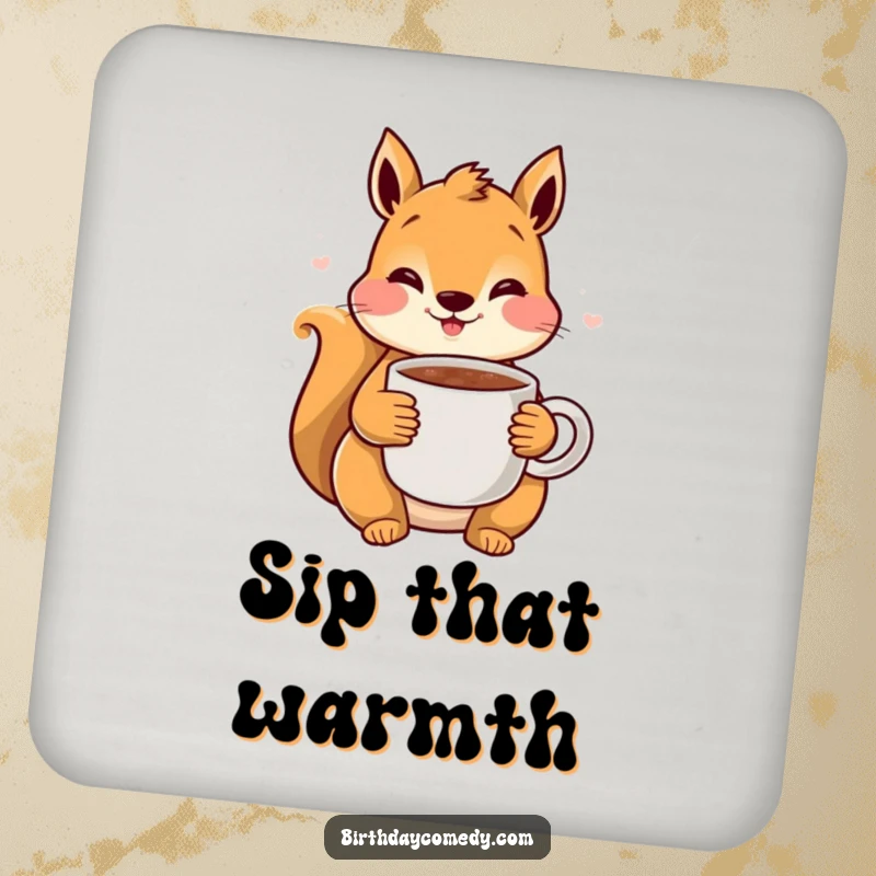 Funny Squirrel Cocoa Coaster: A rosy-cheeked squirrel clutches a warm mug of cocoa, protecting surfaces with woodland charm.