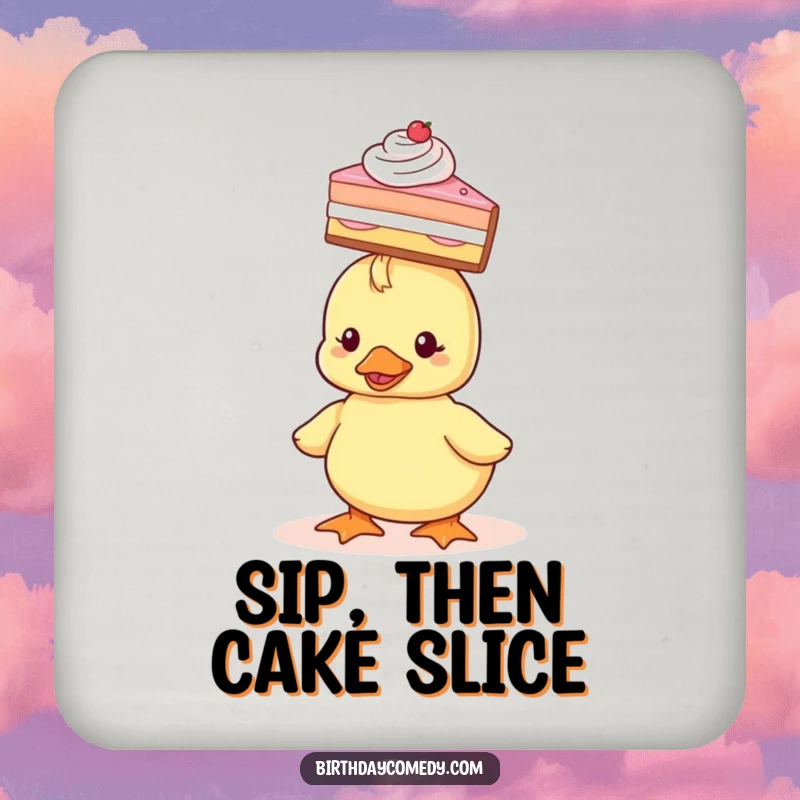 Funny Drink Coaster showing a tiny duckling balancing a slice of cake on its head, protecting surfaces with charm.
