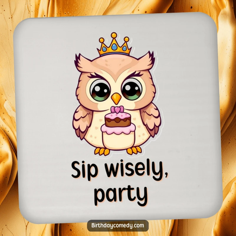 Funny owl drink coaster, a cheerful owl wearing a crown and holding a cake, protects furniture with whimsical charm.