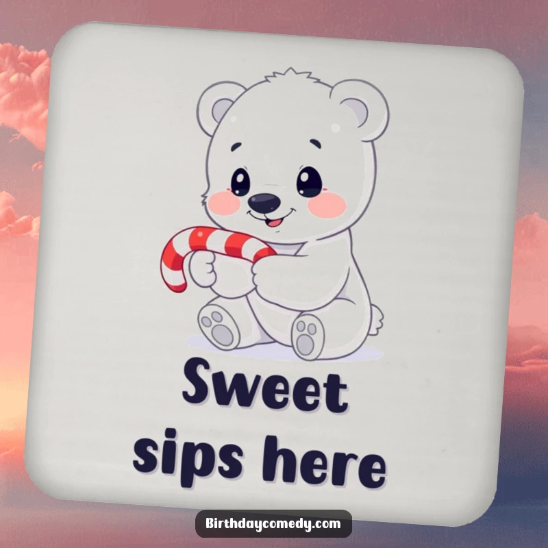 Funny polar bear cub drink coaster, holding a candy cane, with a sweet, intrigued expression, protecting surfaces with style.