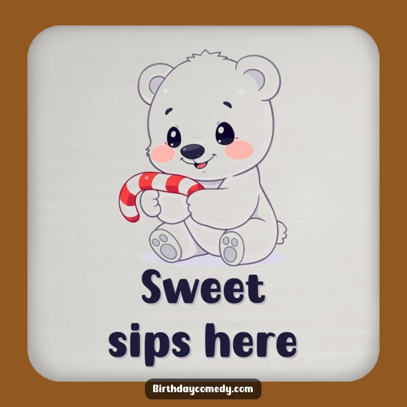 Funny Polar Bear Cub Coaster: Cute Candy Cane Drink Protector Gift